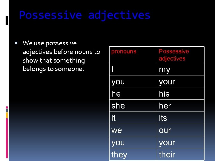 Possessive adjectives We use possessive adjectives before nouns to show that something belongs to