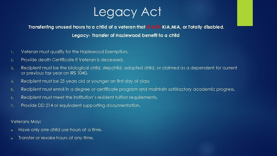 Legacy Act Transferring unused hours to a child of a veteran that IS NOT