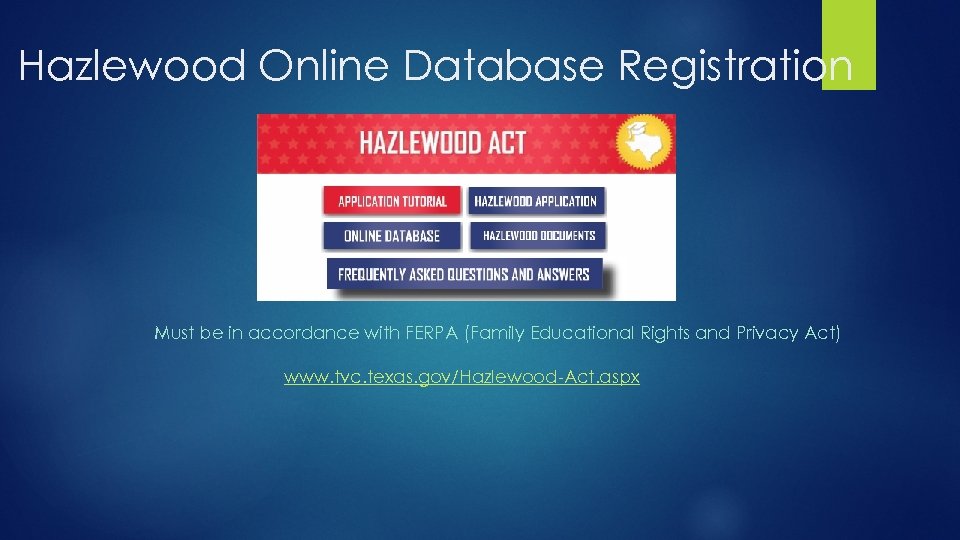 Hazlewood Online Database Registration Must be in accordance with FERPA (Family Educational Rights and