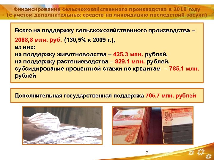 Финансирование сельскохозяйственного производства в 2010 году (с учетом дополнительных средств на ликвидацию последствий засухи)
