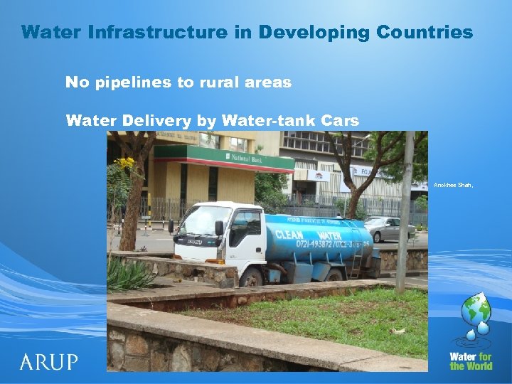 Water Infrastructure in Developing Countries No pipelines to rural areas Water Delivery by Water-tank