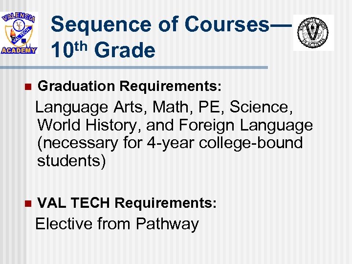 Sequence of Courses— th Grade 10 n Graduation Requirements: Language Arts, Math, PE, Science,