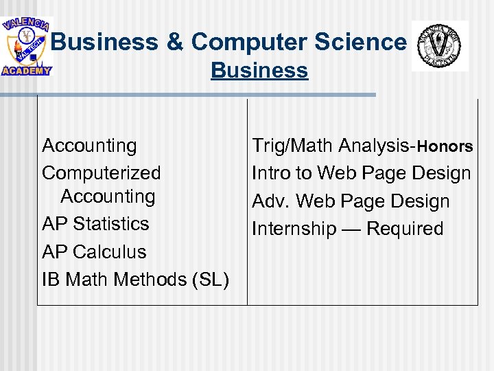 Business & Computer Science Business Accounting Computerized Accounting AP Statistics AP Calculus IB Math