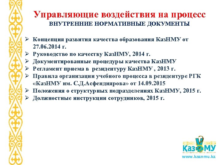 Управляющие воздействия на процесс ВНУТРЕННИЕ НОРМАТИВНЫЕ ДОКУМЕНТЫ Ø Концепция развития качества образования Каз. НМУ
