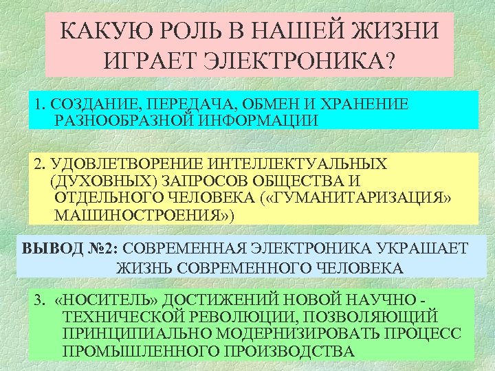 КАКУЮ РОЛЬ В НАШЕЙ ЖИЗНИ ИГРАЕТ ЭЛЕКТРОНИКА? 1. СОЗДАНИЕ, ПЕРЕДАЧА, ОБМЕН И ХРАНЕНИЕ РАЗНООБРАЗНОЙ
