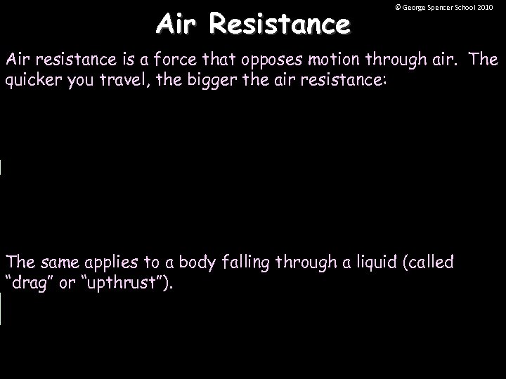 Air Resistance © George Spencer School 2010 Air resistance is a force that opposes