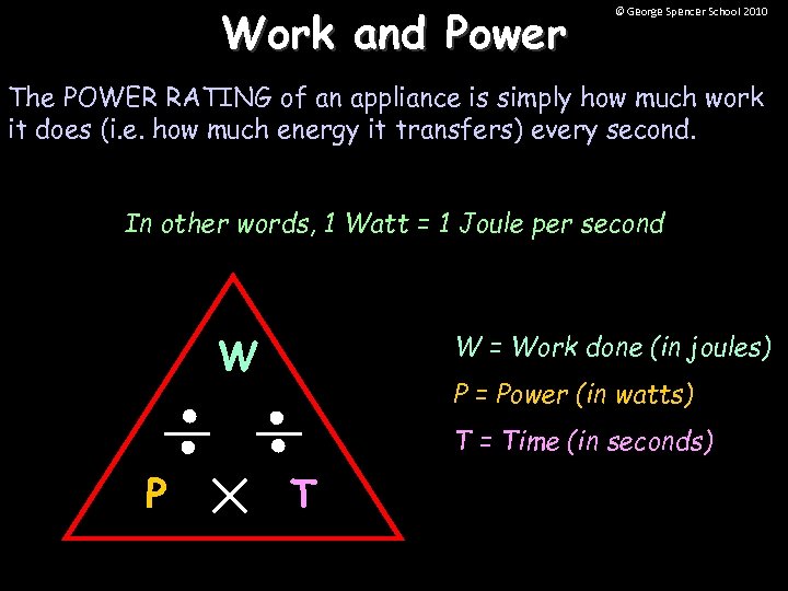 Work and Power © George Spencer School 2010 The POWER RATING of an appliance