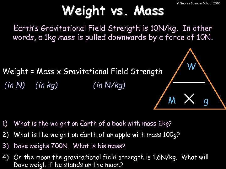 Weight vs. Mass © George Spencer School 2010 Earth’s Gravitational Field Strength is 10