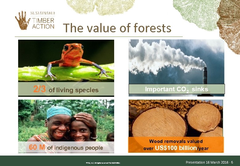 The value of forests 2/3 of living species Important CO 2 sinks 60 M