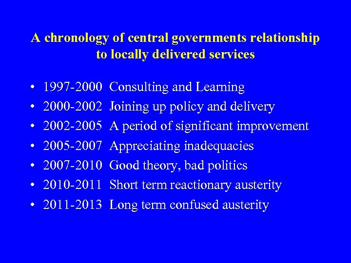 A chronology of central governments relationship to locally delivered services • • 1997 -2000