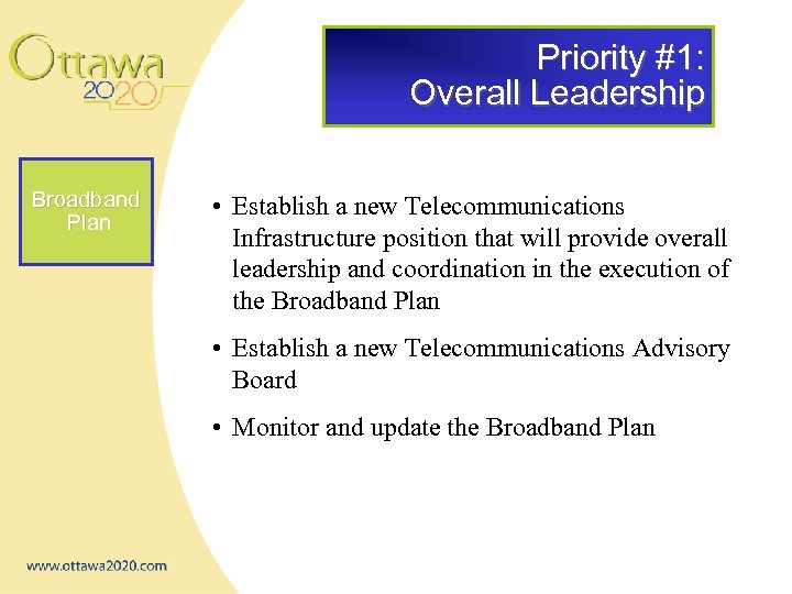 Priority #1: Overall Leadership Broadband Plan • Establish a new Telecommunications Infrastructure position that