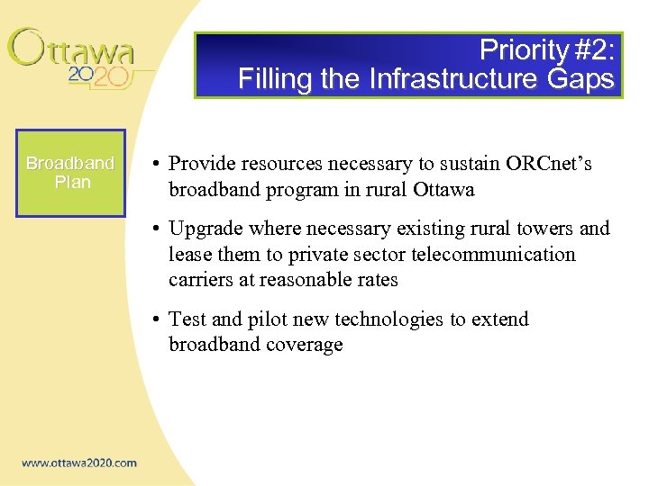 Priority #2: Filling the Infrastructure Gaps Broadband Plan • Provide resources necessary to sustain
