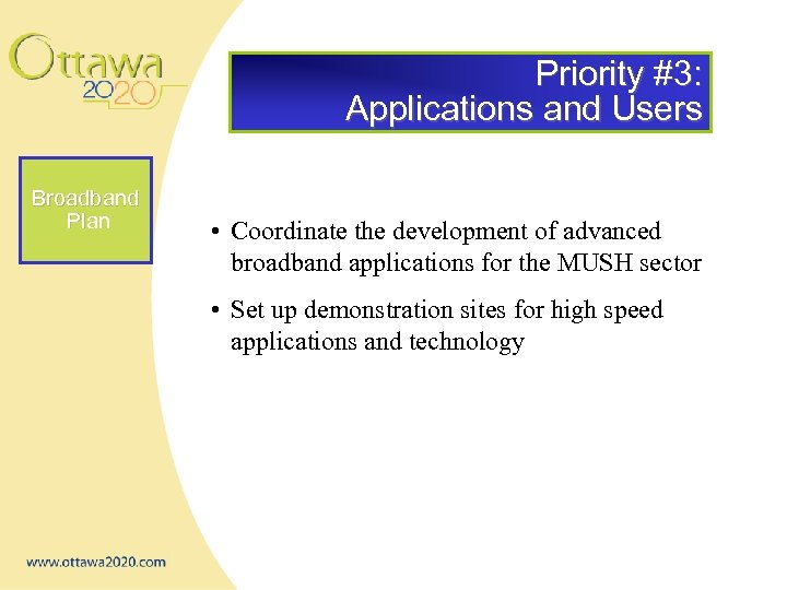 Priority #3: Applications and Users Broadband Plan • Coordinate the development of advanced broadband