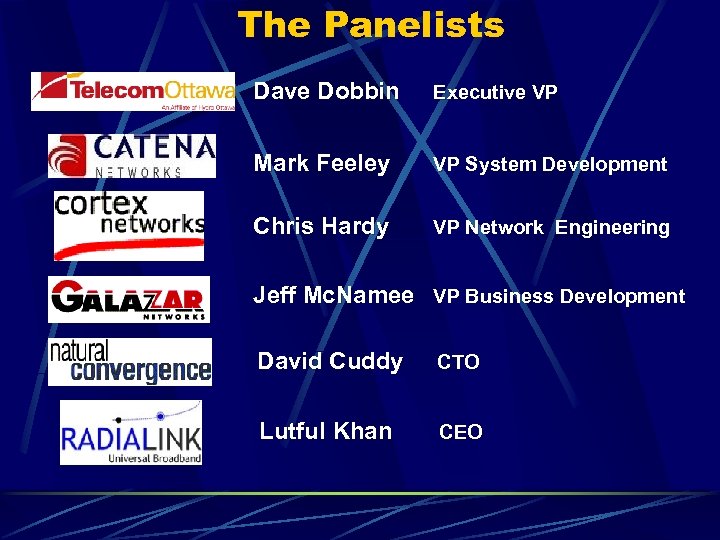 The Panelists Dave Dobbin Executive VP Mark Feeley VP System Development Chris Hardy VP