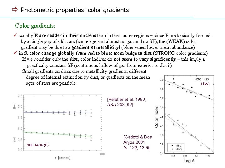 ð Photometric properties: color gradients Color gradients: ü usually E are redder in their