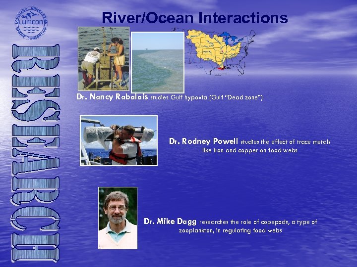 River/Ocean Interactions Dr. Nancy Rabalais studies Gulf hypoxia (Gulf “Dead zone”) Dr. Rodney Powell