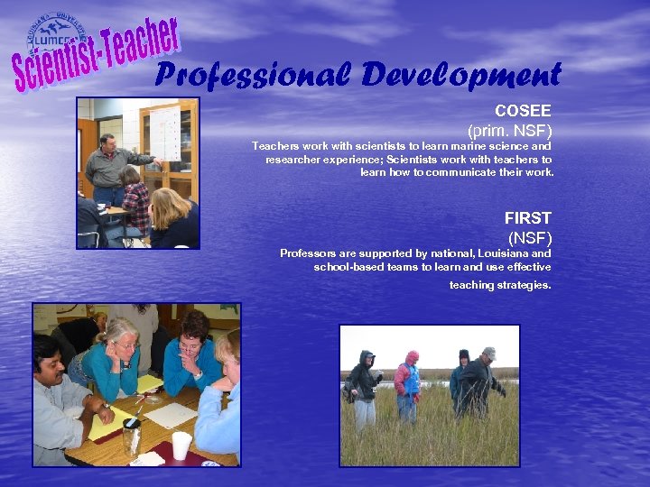 Professional Development COSEE (prim. NSF) Teachers work with scientists to learn marine science and