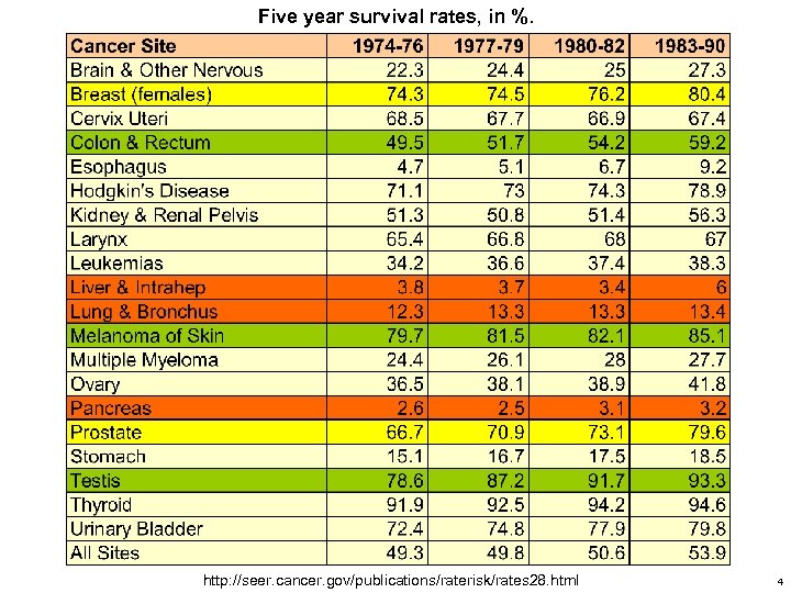 Five year survival rates, in %. http: //seer. cancer. gov/publications/raterisk/rates 28. html 4 