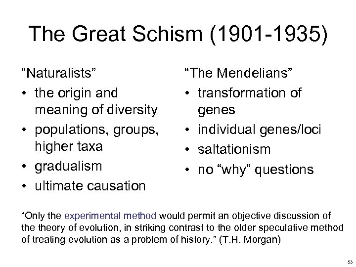 The Great Schism (1901 -1935) “Naturalists” • the origin and meaning of diversity •