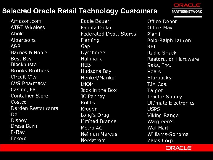 Selected Oracle Retail Technology Customers Amazon. com AT&T Wireless Ahold Albertsons A&P Barnes &