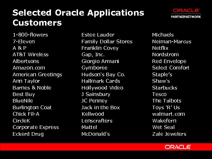 Selected Oracle Applications Customers 1 -800 -flowers 7 -Eleven A&P AT&T Wireless Albertsons Amazon.