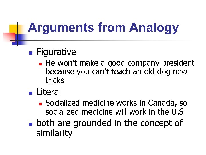 Arguments from Analogy n Figurative n n Literal n n He won’t make a