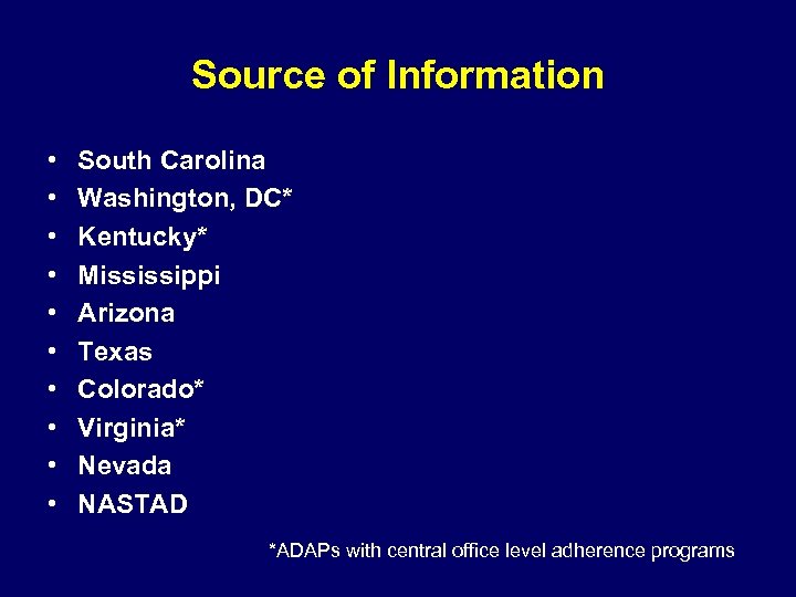 Source of Information • • • South Carolina Washington, DC* Kentucky* Mississippi Arizona Texas