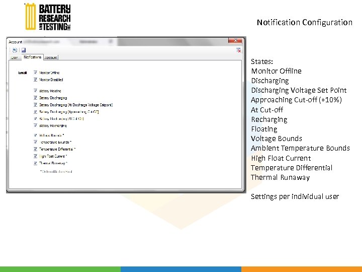 Notification Configuration States: Monitor Offline Discharging Voltage Set Point Approaching Cut-off (+10%) At Cut-off