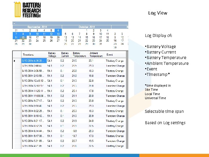 Log View Log Display of: • Battery Voltage • Battery Current • Battery Temperature