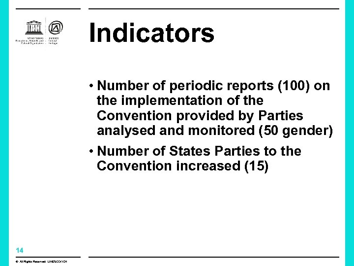 Indicators • Number of periodic reports (100) on the implementation of the Convention provided