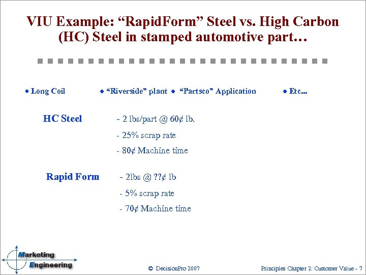 VIU Example: “Rapid. Form” Steel vs. High Carbon (HC) Steel in stamped automotive part…