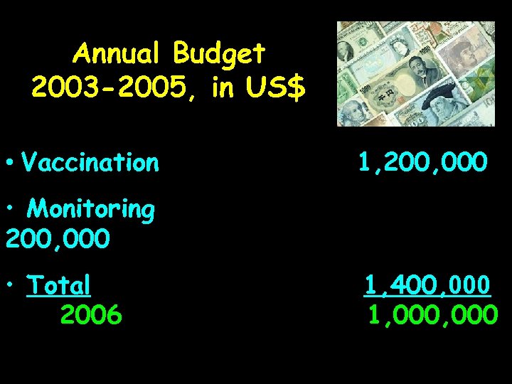 Annual Budget 2003 -2005, in US$ • Vaccination 1, 200, 000 • Monitoring 200,