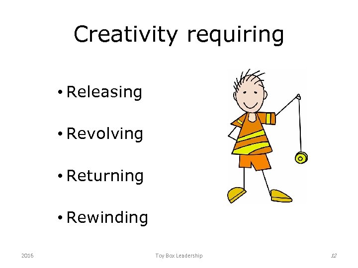 Creativity requiring • Releasing • Revolving • Returning • Rewinding 2016 Toy Box Leadership