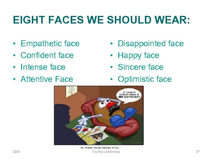 EIGHT FACES WE SHOULD WEAR: • • 2016 Empathetic face Confident face Intense face