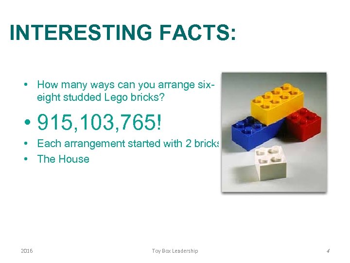 INTERESTING FACTS: • How many ways can you arrange sixeight studded Lego bricks? •