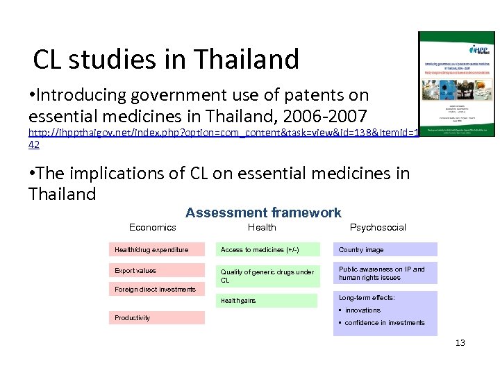 CL studies in Thailand • Introducing government use of patents on essential medicines in