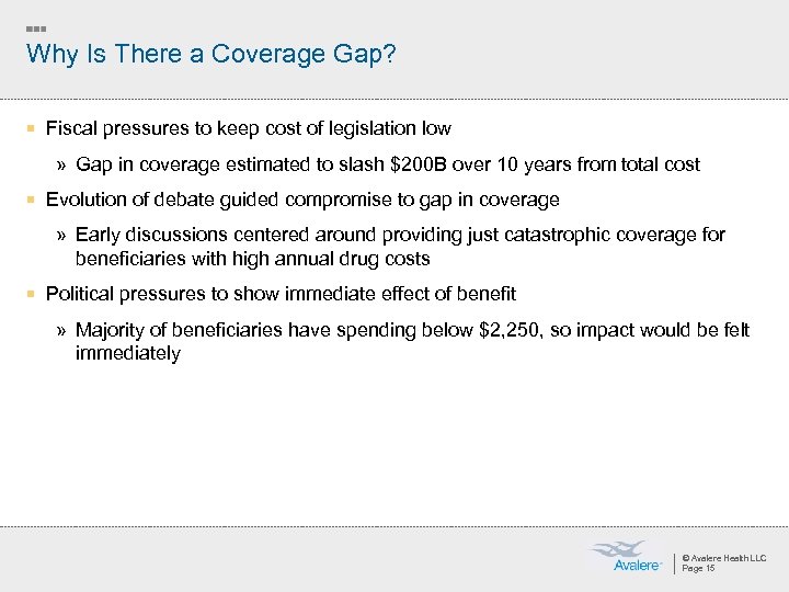 Why Is There a Coverage Gap? ¡ Fiscal pressures to keep cost of legislation