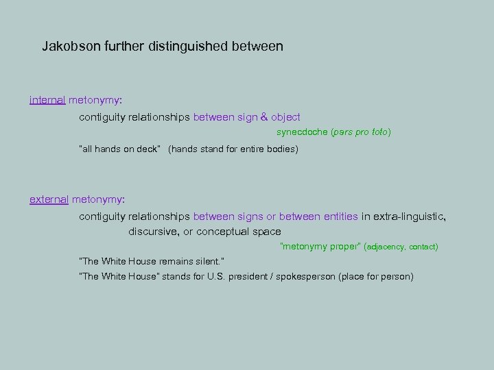 Jakobson further distinguished between internal metonymy: contiguity relationships between sign & object synecdoche (pars