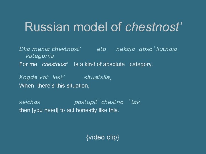 Russian model of chestnost’ Dlia menia chestnost’ eto nekaia abso`liutnaia kategoriia For me chestnost’