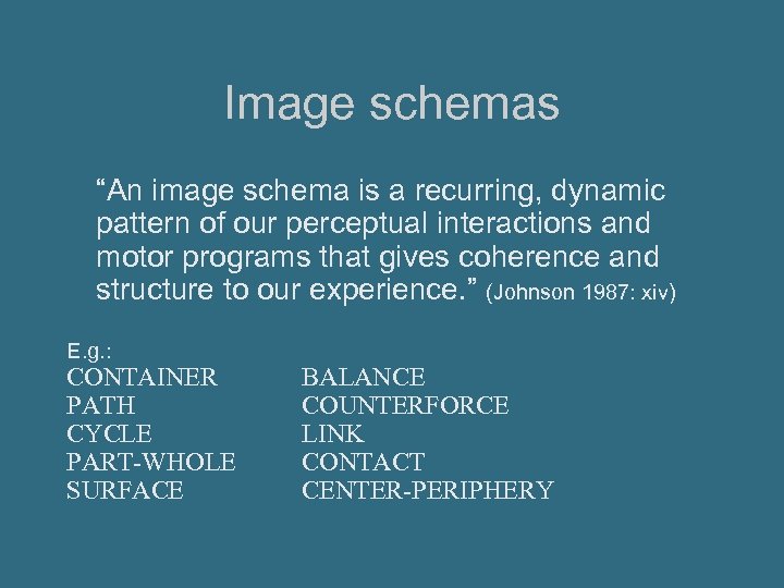 Image schemas “An image schema is a recurring, dynamic pattern of our perceptual interactions