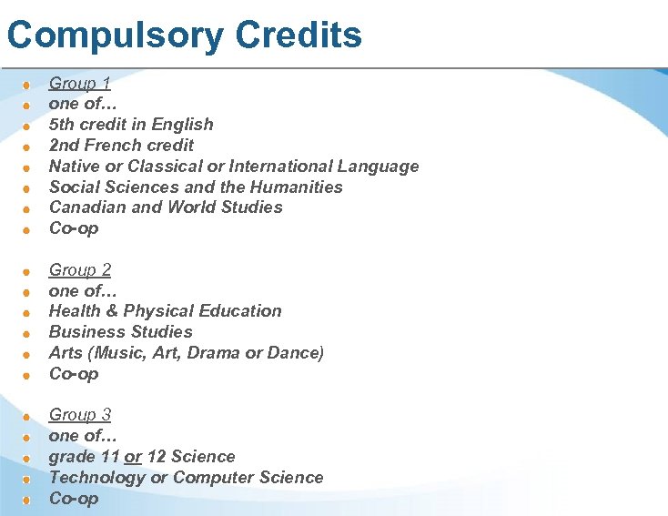 Compulsory Credits Group 1 one of… 5 th credit in English 2 nd French