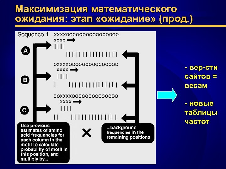 Максимизация математического ожидания: этап «ожидание» (прод. ) - вер-сти сайтов = весам - новые