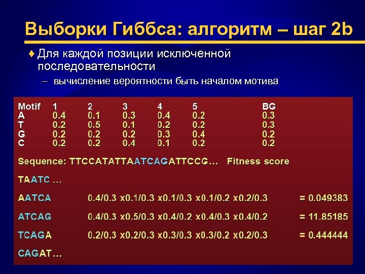 Выборки Гиббса: алгоритм – шаг 2 b ♦ Для каждой позиции исключенной последовательности –