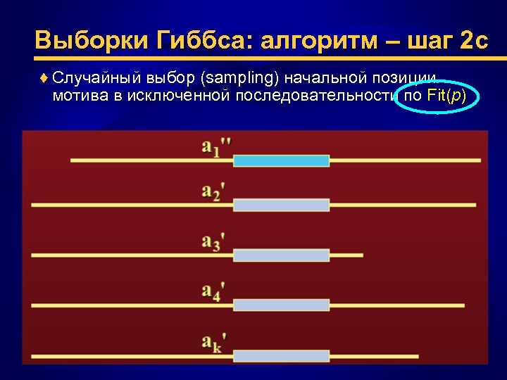 Выборки Гиббса: алгоритм – шаг 2 c ♦ Случайный выбор (sampling) начальной позиции мотива
