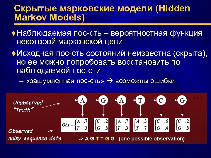 Скрытые марковские модели (Hidden Markov Models) ♦ Наблюдаемая пос-сть – вероятностная функция некоторой марковской
