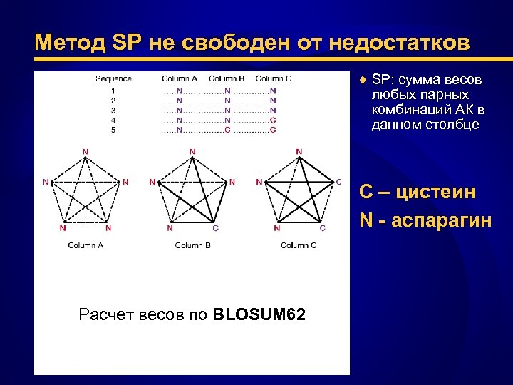 Метод SP не свободен от недостатков ♦ SP: сумма весов любых парных комбинаций АК