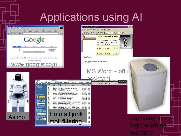 Applications using AI www. google. com MS Word + office assistant Asimo Hotmail junk