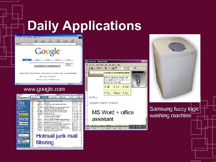 Daily Applications www. google. com MS Word + office assistant Hotmail junk mail filtering