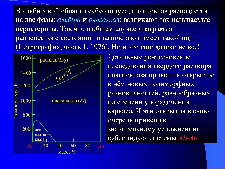 В альбитовой области субсолидуса, плагиоклаз распадается на две фазы: альбит и олигоклаз: возникают так