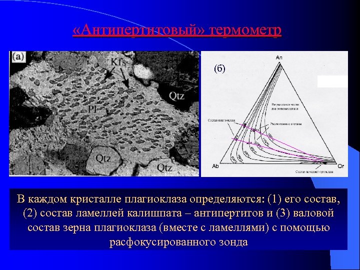  «Антипертитовый» термометр (б) В каждом кристалле плагиоклаза определяются: (1) его состав, (2) состав